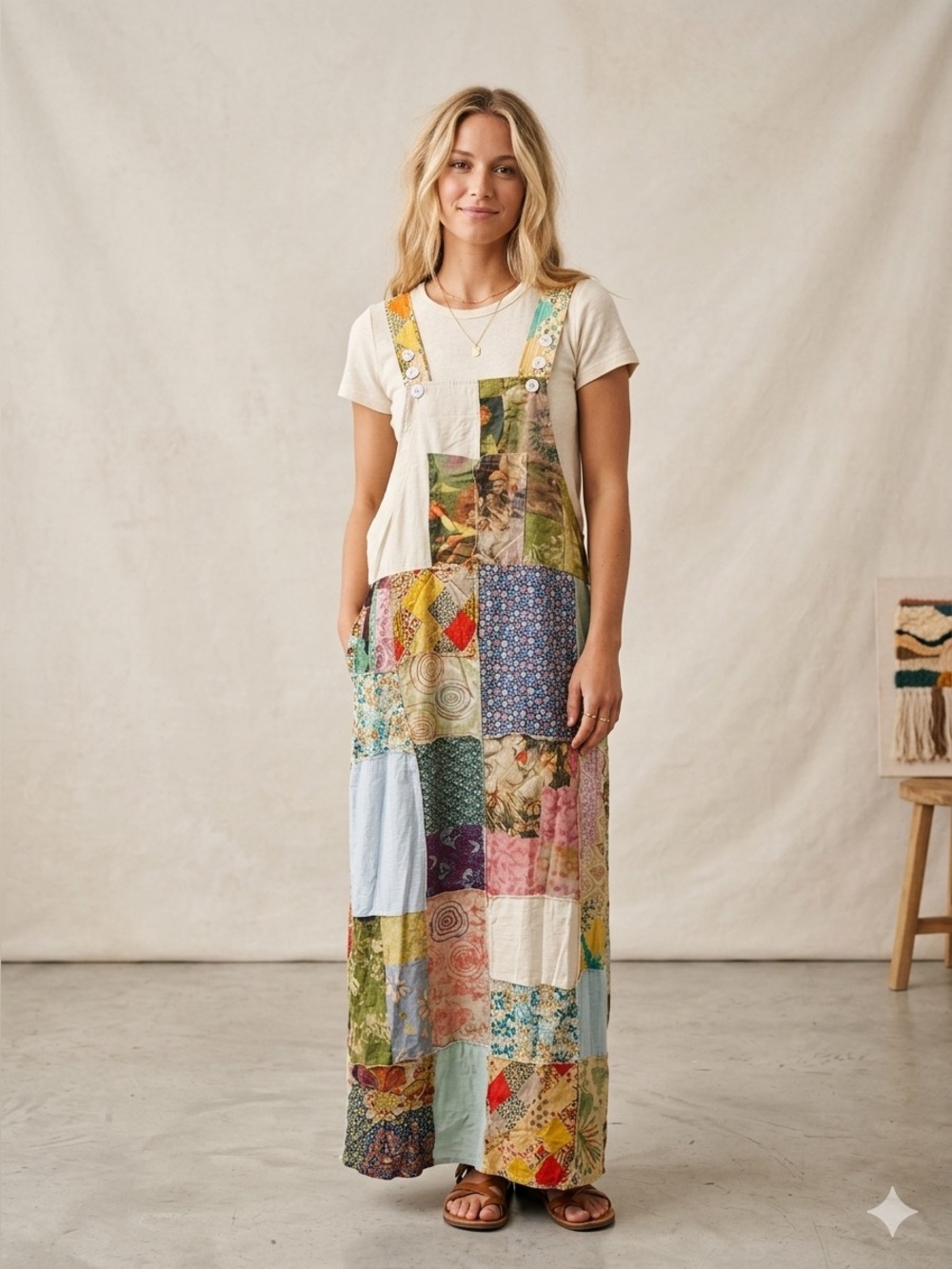 Patchwork Boho Overalls Dress in Multicolor